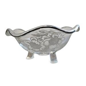 Vintage Glass Footed Bowl Silver Overlay Floral Scalloped Rim 6" Candy Dish
